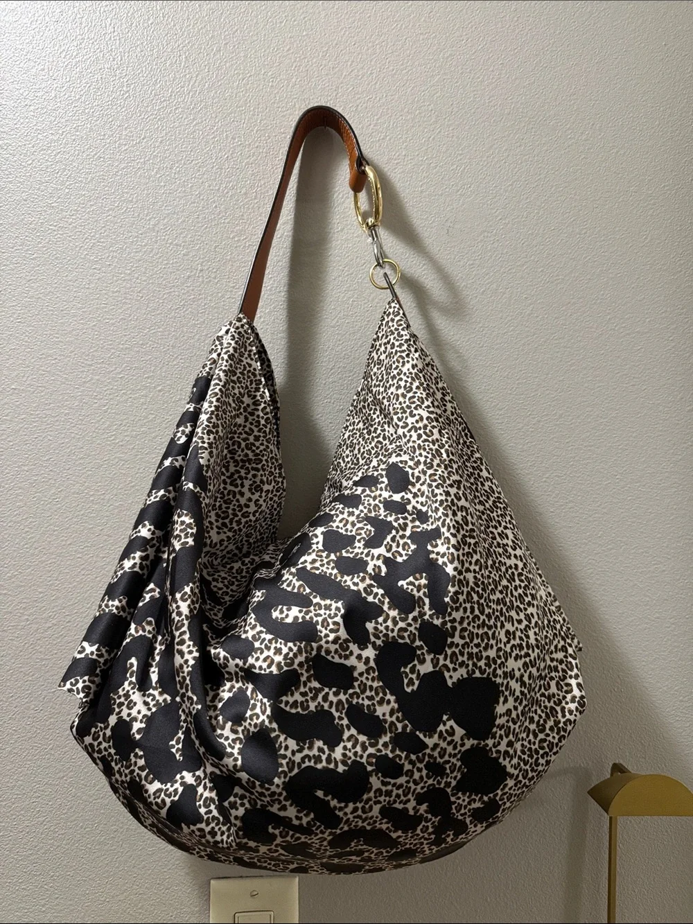 Vince Camuto Black and Brown Leopard Silky Shoulder Bag